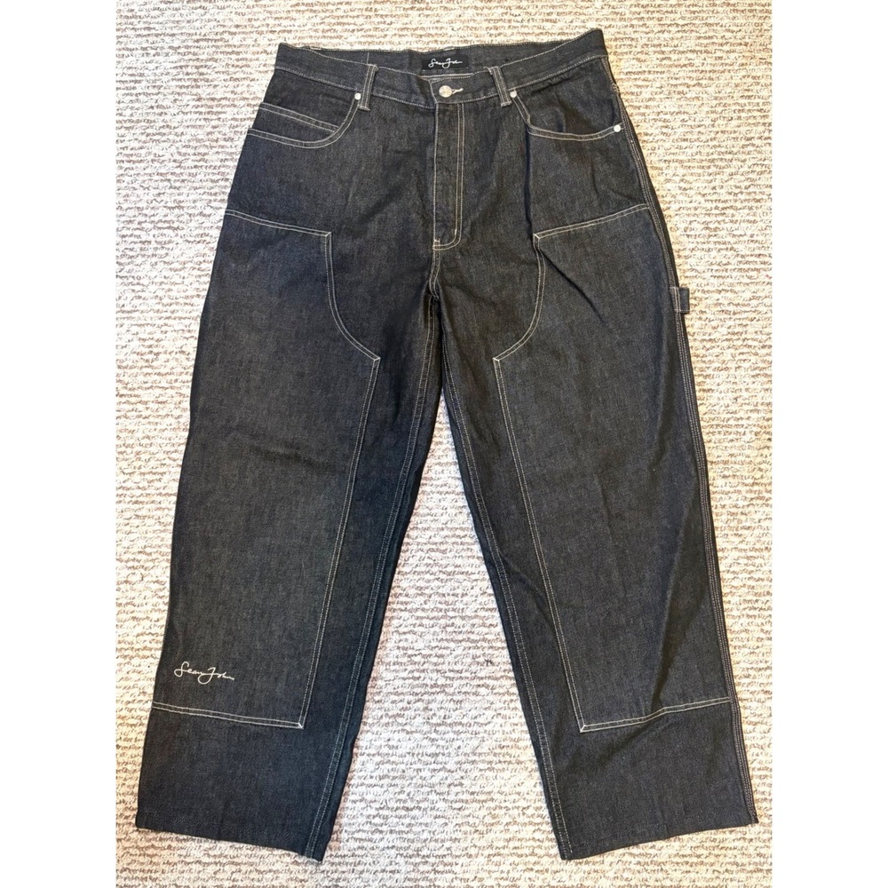 Sean John Mens Baggy Carpenter Jeans Dark Wash Contrast Stitch Y2K Streetwear 34